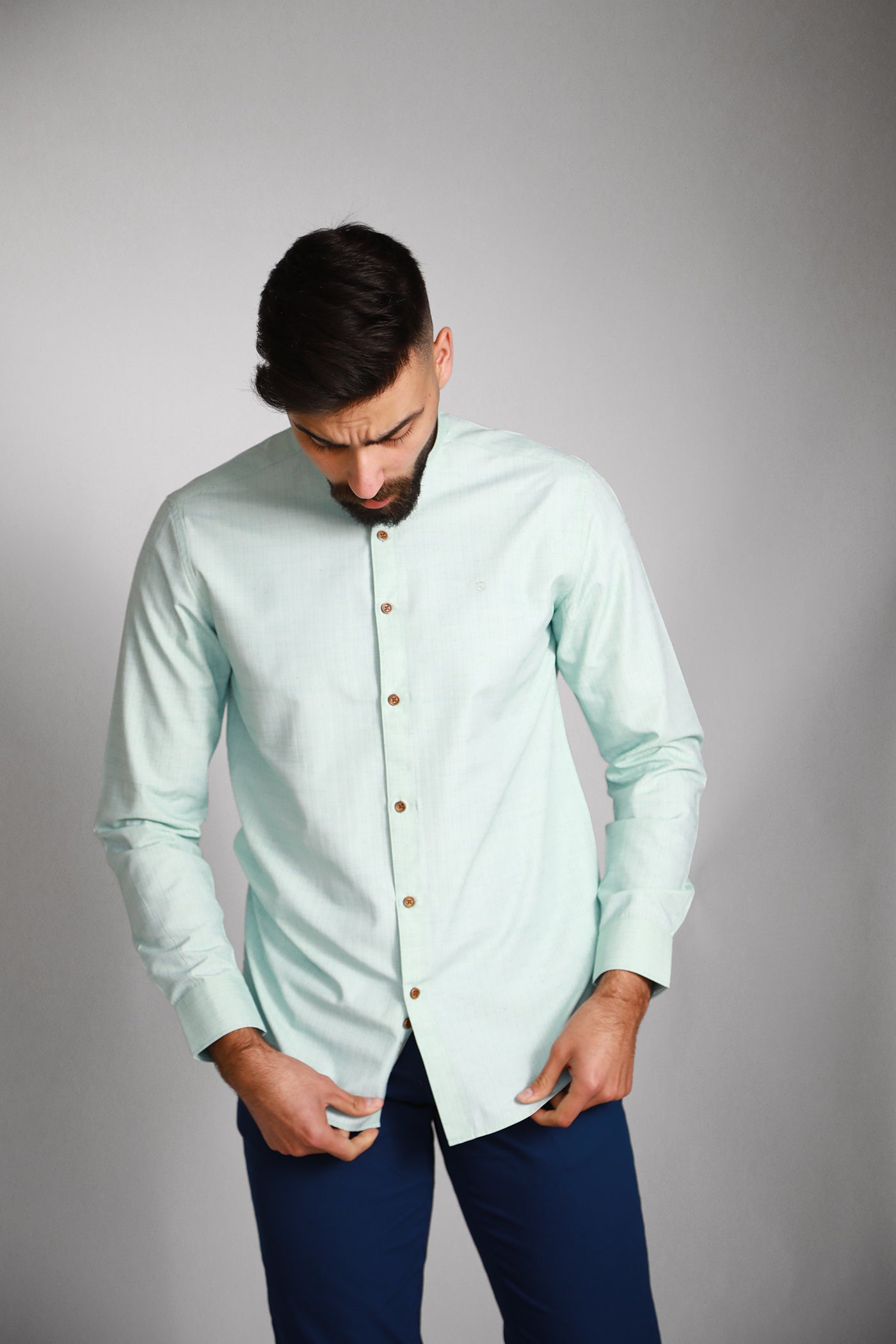 Mandarin Collar Shirt - Aqua Blue