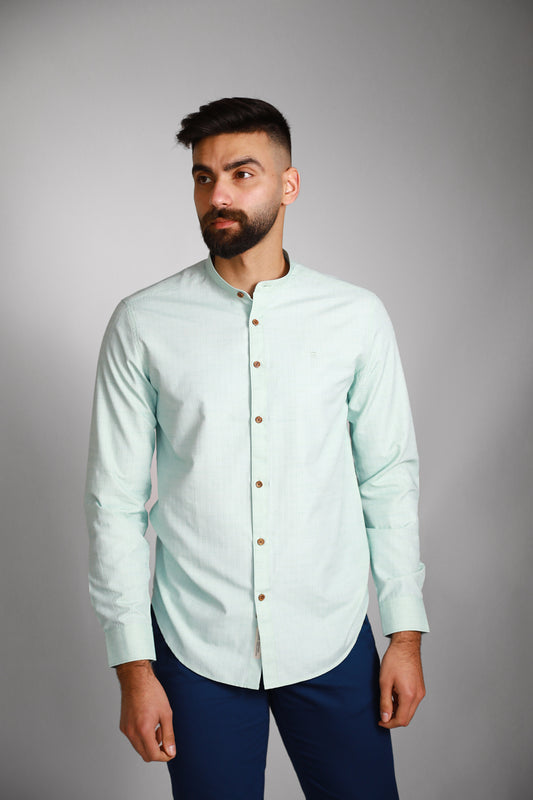 Mandarin Collar Shirt - Aqua Blue