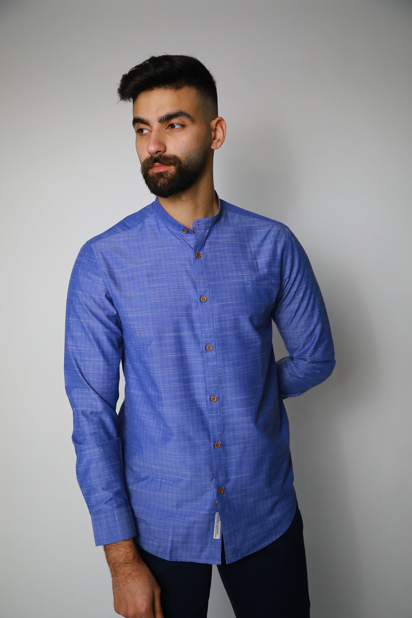 Mandarin Collar Shirt - Blue