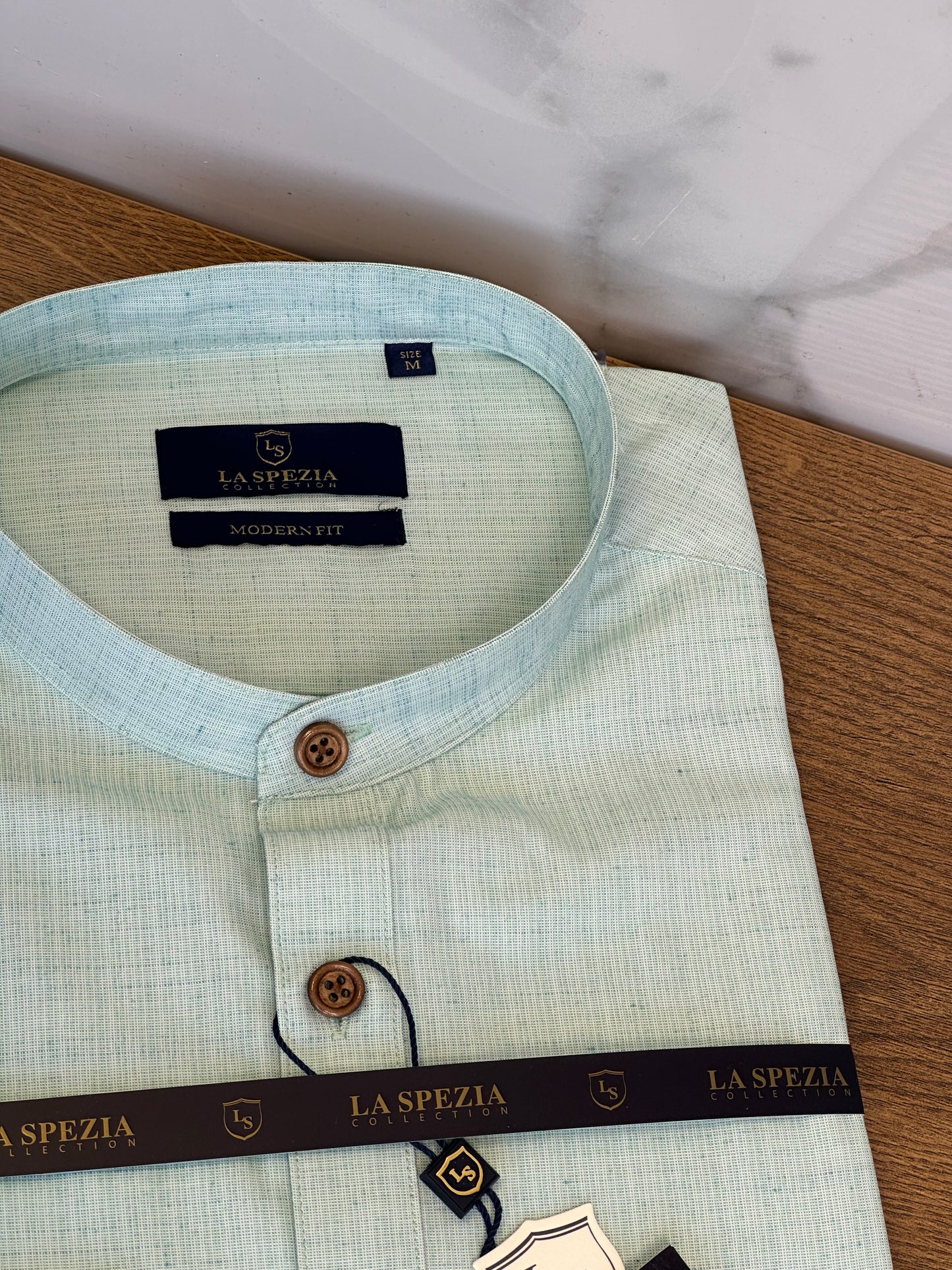 Mandarin Collar Shirt - Aqua Blue